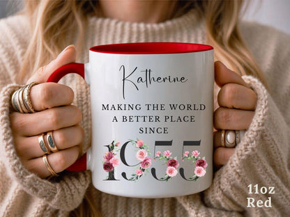 Personalized 70th Birthday Mug, Custom Name Mug, Gift for 70th Birthday Woman, Making the World a Better Place Since 1955, Floral Mug Cup