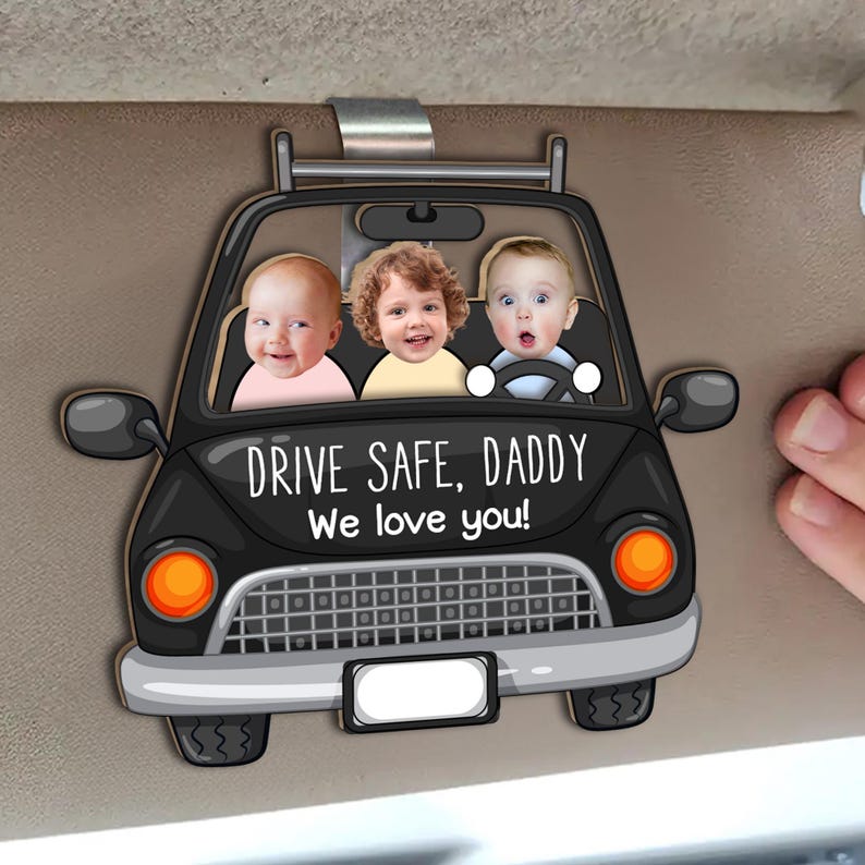 Drive Safe Daddy - Personalized Photo Wooden Car Visor Clip, Custom Funny Face With Kid, Custom Face Gift, Father's Day, Funny Car Gift