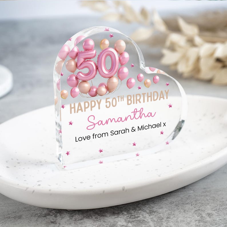 Personalised Happy 50th Birthday Gift Plaque, Birthday Gift For Her, Heart Plaque, 50th Birthday Gifts, Pink 50th Gift, Gifts for Her