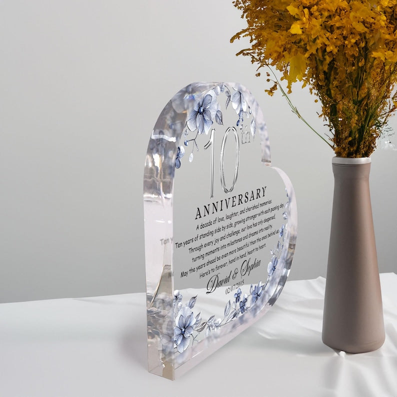 Personalized 10th Wedding Anniversary Heart Acrylic Plaque, Tin Anniversary Gifts, Anniversary Gifts For Parents, Husband, Wife