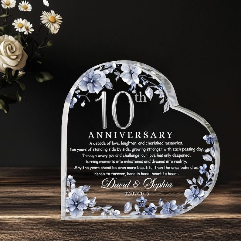 Personalized 10th Wedding Anniversary Heart Acrylic Plaque, Tin Anniversary Gifts, Anniversary Gifts For Parents, Husband, Wife