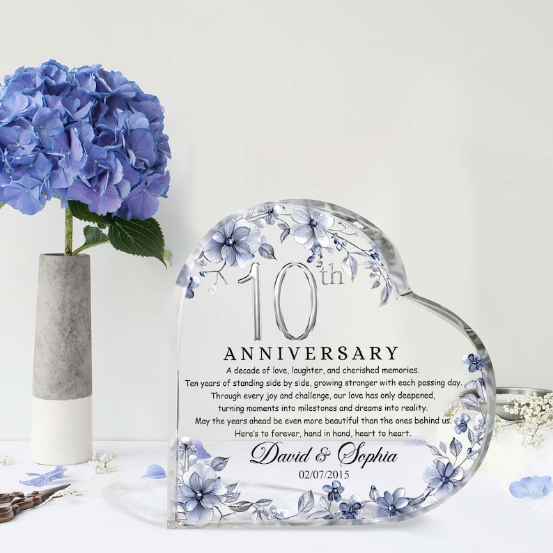 Personalized 10th Wedding Anniversary Heart Acrylic Plaque, Tin Anniversary Gifts, Anniversary Gifts For Parents, Husband, Wife