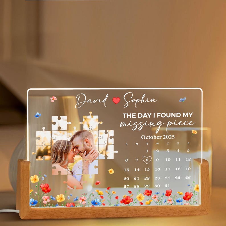 Personalized Calendar Couple Photo Puzzle Night Light, Valentine Gifts, Anniversary Gift for Couple, The Day I Found My Missing Piece Lamp