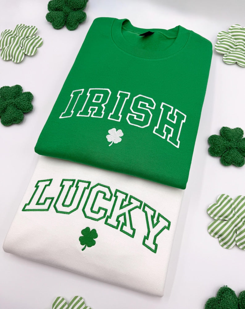 Embroidered St. Patricks Day Sweatshirt-Hoodies, Lucky Unisex Crewneck, Shamrock-Irish Sweatshirt, St Pattys, Simple Holiday Sweater, Gift