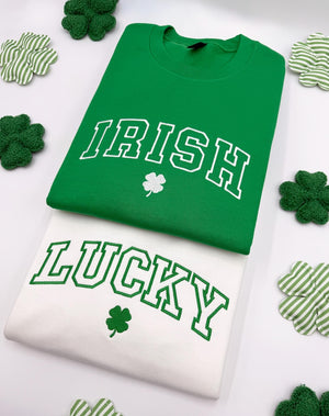 Embroidered St. Patricks Day Sweatshirt-Hoodies, Lucky Unisex Crewneck, Shamrock-Irish Sweatshirt, St Pattys, Simple Holiday Sweater, Gift