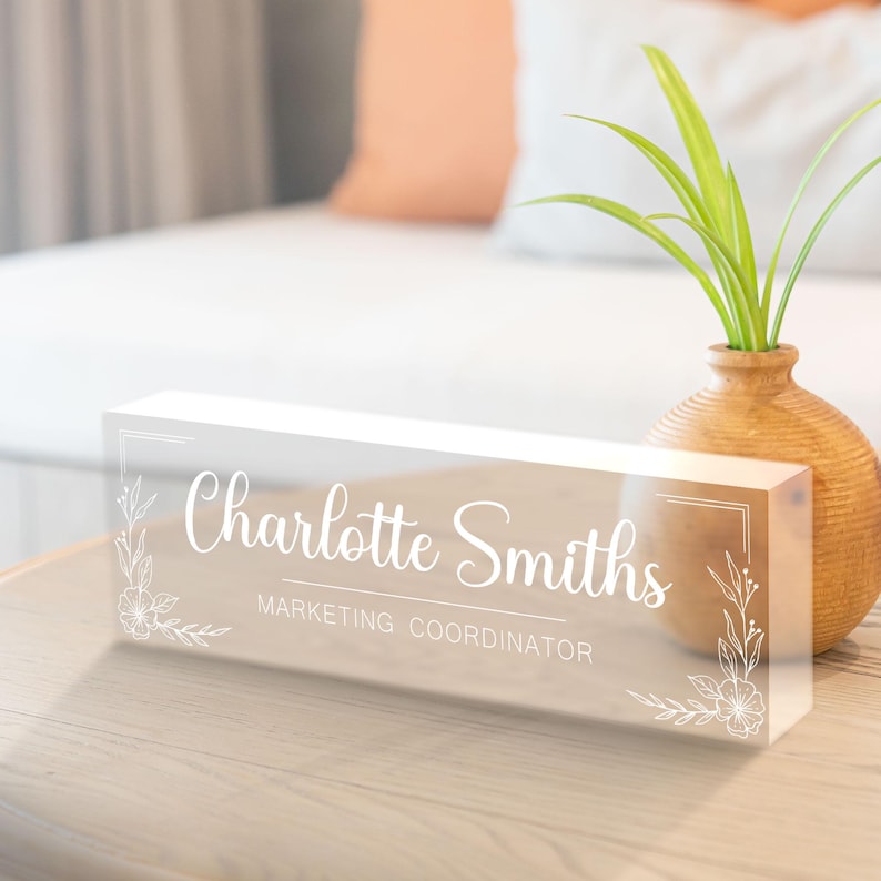 Personalized Desk Name Acrylic Plaque, Custom Office Plate with Name and Position, Floral Name Sign Acrylic Plaque, Gift for Graduation