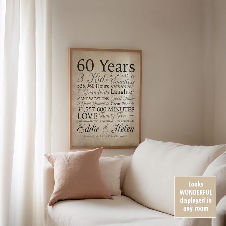 60th Anniversary Gift, 60 Years Married, Gift for Grandma and Grandpa, Grandparents Anniversary, Parents, Diamond Gray Sign, Married 1965