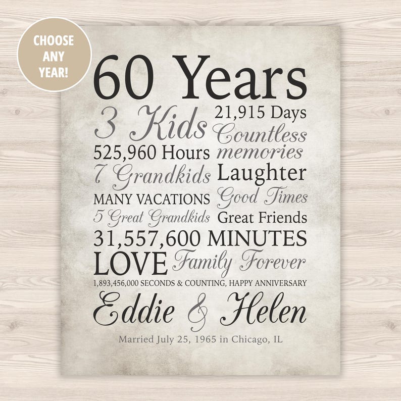 60th Anniversary Gift, 60 Years Married, Gift for Grandma and Grandpa, Grandparents Anniversary, Parents, Diamond Gray Sign, Married 1965