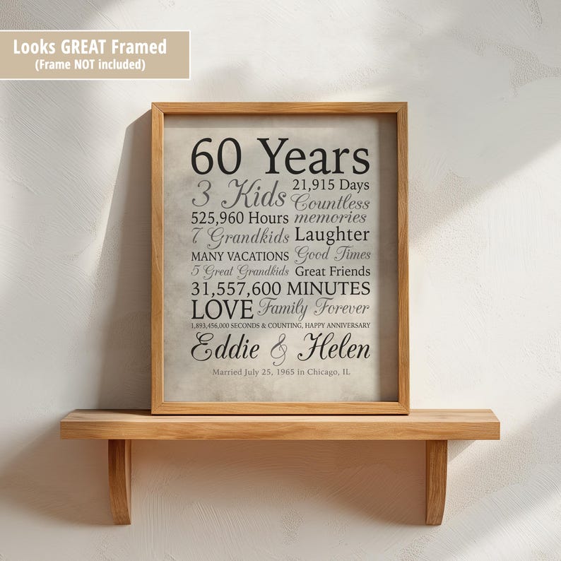 60th Anniversary Gift, 60 Years Married, Gift for Grandma and Grandpa, Grandparents Anniversary, Parents, Diamond Gray Sign, Married 1965