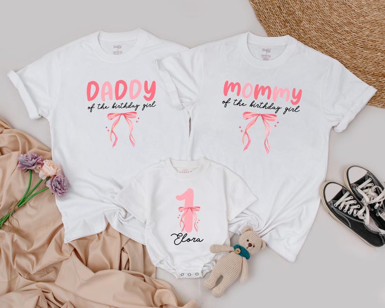 Pink Bow First Birthday Outfit for Girl, 1st Birthday Shirt, Matching Mom & Baby, Pink Bow Party Outfit, One Year Old Girl Birthday Shirt