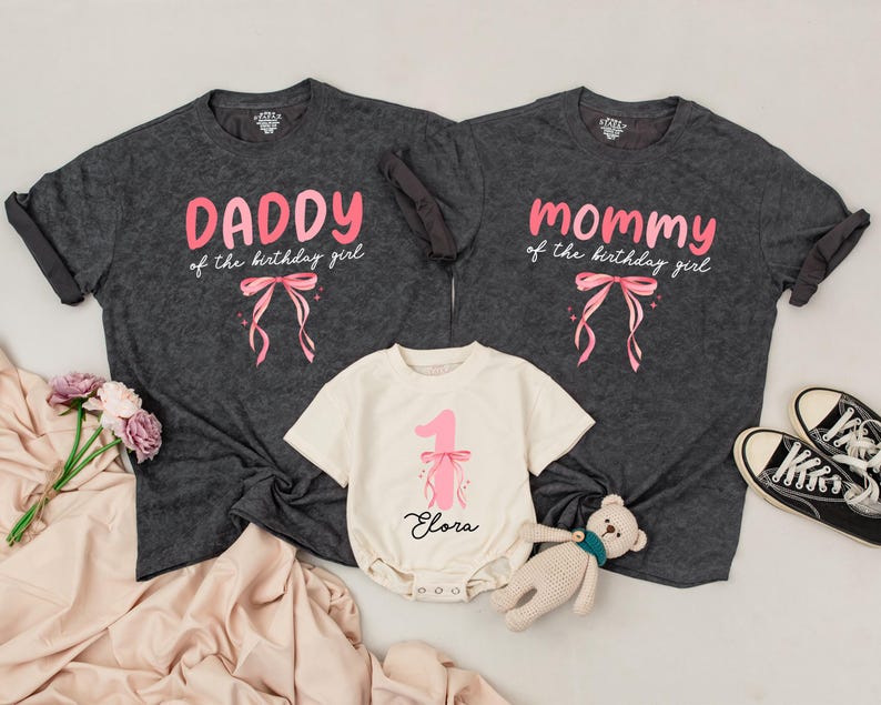 Pink Bow First Birthday Outfit for Girl, 1st Birthday Shirt, Matching Mom & Baby, Pink Bow Party Outfit, One Year Old Girl Birthday Shirt