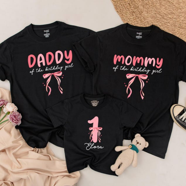 Pink Bow First Birthday Outfit for Girl, 1st Birthday Shirt, Matching Mom & Baby, Pink Bow Party Outfit, One Year Old Girl Birthday Shirt