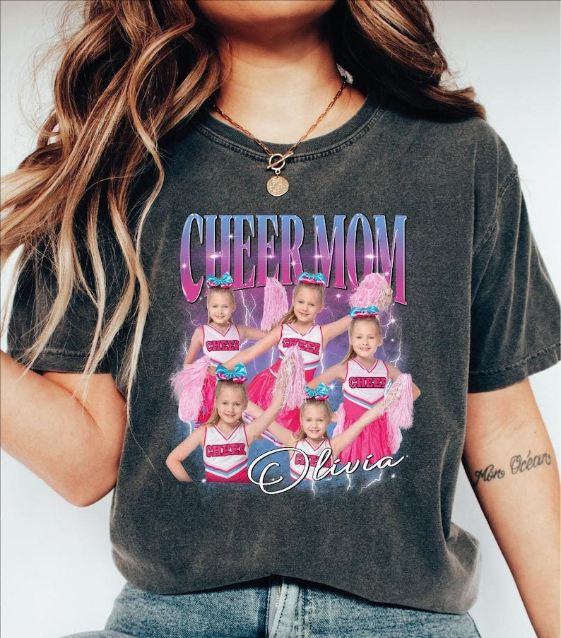 Personalized Cheer Mom Shirt, Custom Photo Cheer Mama Tshirt, Game day Cheer Leading Your Own Pictures Shirt, Custom Mom Cheer Shirt