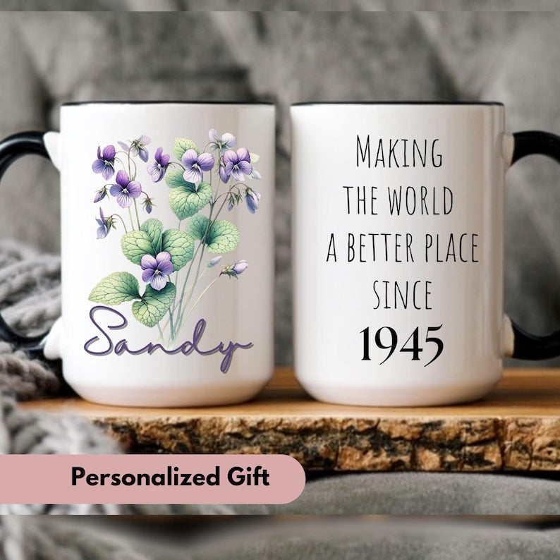 80th birthday gifts, happy 80th birthday mug, wildflowers custom mug, 1945 mug, floral mug, birthday gift for her, 80th birthday mug