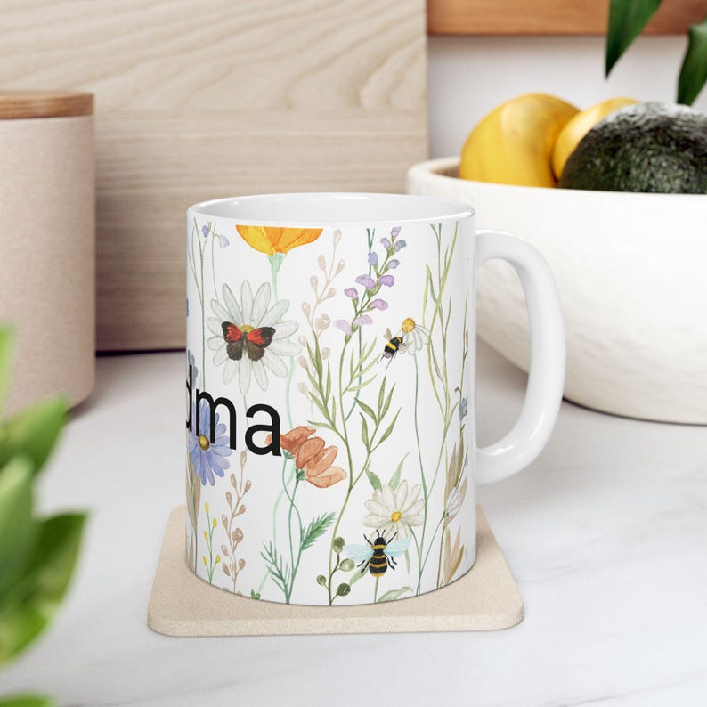 Wildflower Ceramic Mug - Floral Coffee Cup, Botanical Tea Gift for Mom, Mother's Day, Birthday 30th to 80th