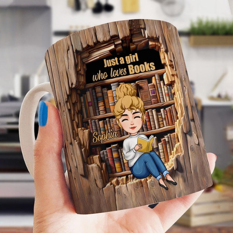 Book Lover Gifts For Women, Just A Girl Who Loves Book, Bookshelf Mug, Book Mug, Book Gifts, Gifts For Book Lovers, Custom Book Coffee Mug