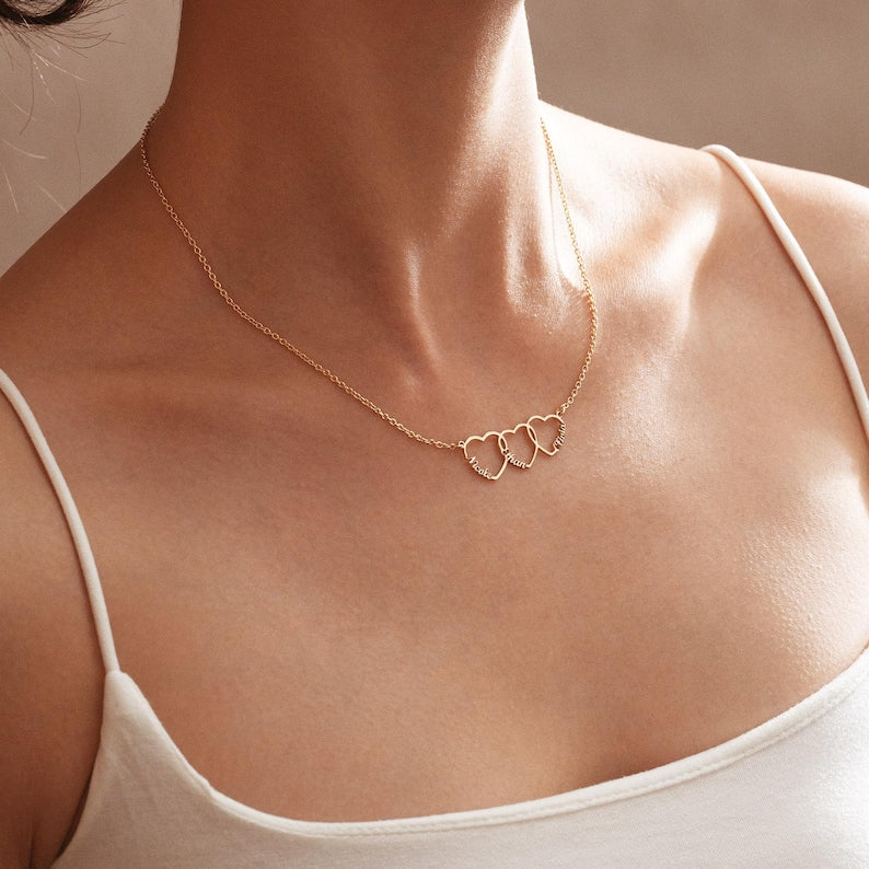 Family Name Necklace with Heart, Multiple Hearts Necklace, Kids Names Jewelry for Mom