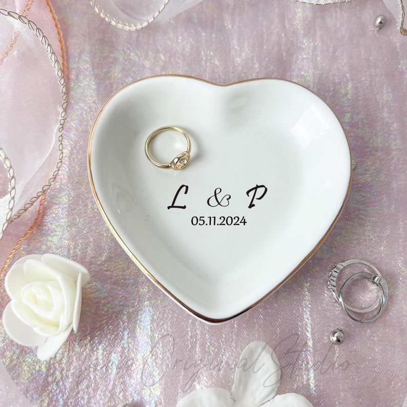 Custom Initial Name Wedding Ring Dish, Engaged Jewelry Plate For Her, Trinket Holder For Bride, Bridal Shower Gift, Anniversary Gift
