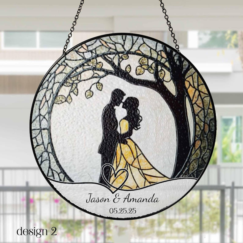Wedding Gift Glass Sun Catcher Ornament, Bride and Groom Suncatcher, Mr & Mrs Wedding Gift, Bridal Shower Gift, Couple Keepsake