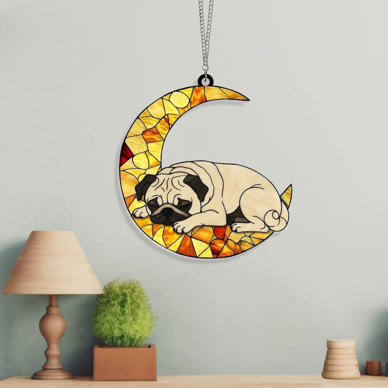Pug Sleeping On The Moon Acrylic Suncatcher Window Hanging, Pug Window Decor, Dog Lover Gift, Memorial Dog Gift, Indoor Decor, Pug Mom Gift
