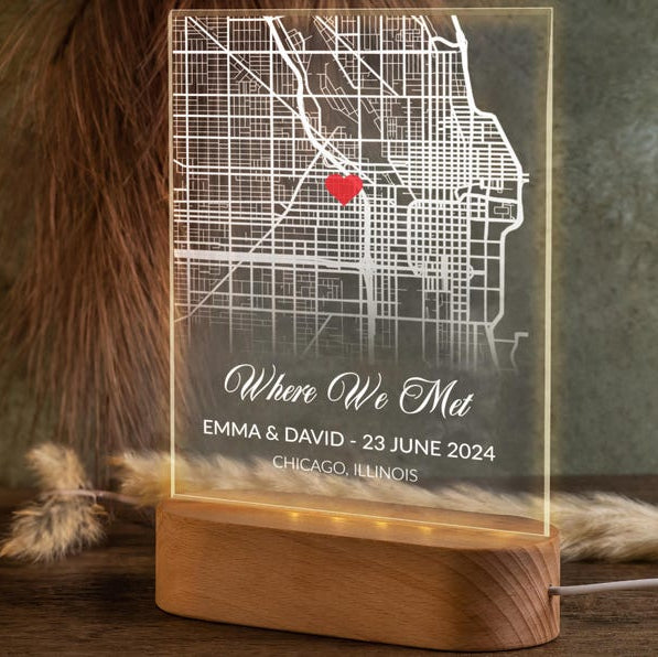 Custom Couple Map Night Light, Personalized Gifts for Her, Custom Our First Date Acrylic Plaque, Where It All Began Location Plaque