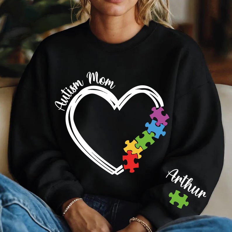 Custom Autism Mom With Kids Name on Sleeve Sweatshirt, Autism Mom Hoodie, Autism Awareness Sweater, Support Autism Hoodie, Autism Acceptance