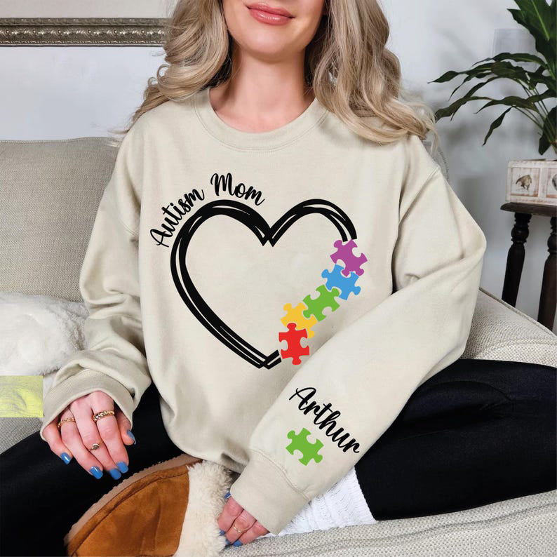 Custom Autism Mom With Kids Name on Sleeve Sweatshirt, Autism Mom Hoodie, Autism Awareness Sweater, Support Autism Hoodie, Autism Acceptance