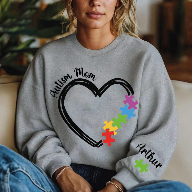 Custom Autism Mom With Kids Name on Sleeve Sweatshirt, Autism Mom Hoodie, Autism Awareness Sweater, Support Autism Hoodie, Autism Acceptance