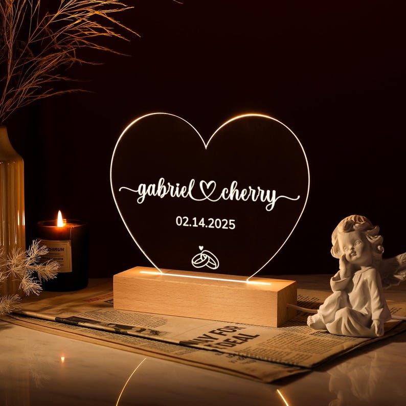 Custom Night Light as Valentines Day Gift, Heart Shape Personalized Night Light, Anniversary Gifts for Him or Her, Romantic Engagement Gift