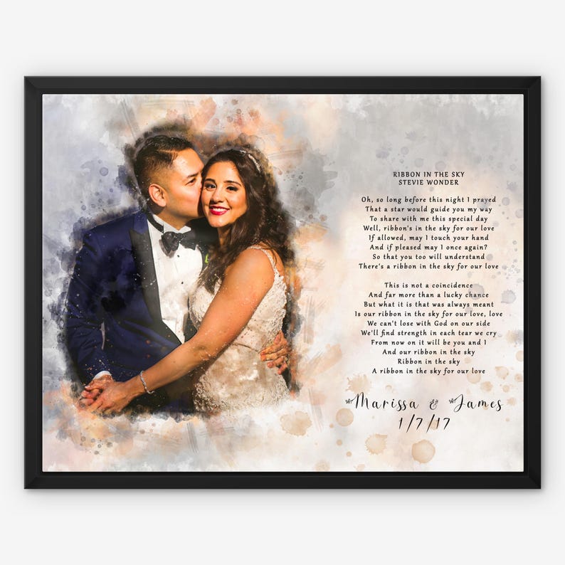 Custom Watercolor Song Portrait from Photo, Wedding Gift, Personalized First Dance Illustration, 1st Anniversary Gift, Framed Canvas Print