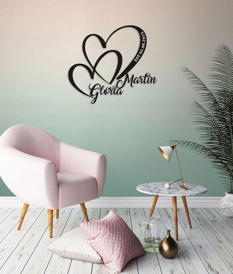 Personalized Wedding Gift for Couple, Metal Heart Sign with Name and Date, Wedding Date Sign, Engagement Announcement Sign, Anniversary Gift