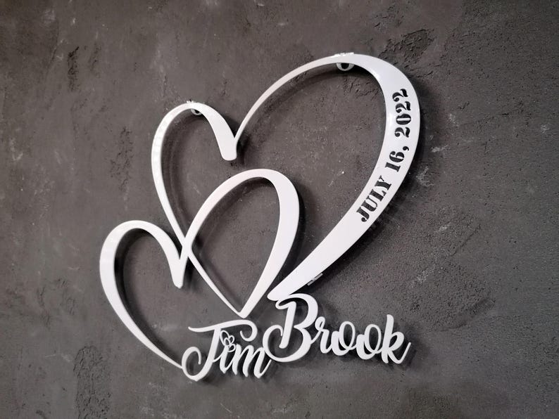 Personalized Wedding Gift for Couple, Metal Heart Sign with Name and Date, Wedding Date Sign, Engagement Announcement Sign, Anniversary Gift