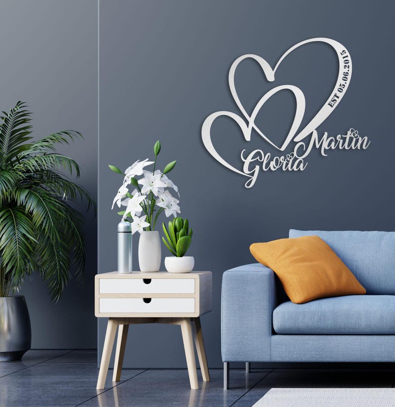 Personalized Wedding Gift for Couple, Metal Heart Sign with Name and Date, Wedding Date Sign, Engagement Announcement Sign, Anniversary Gift