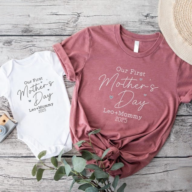 Custom Our First Mother's Day Shirt, New Mom Mother's Day Gift, Custom Matching Mom And Baby Shirt, First Mother's Day Personalized Tshirt