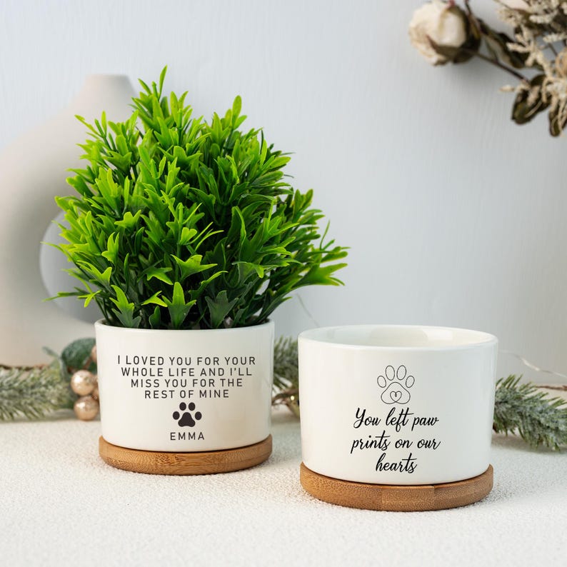 Personalized Dog Memorial Gift Planter,Pet Memorial Gift Plant Pot,Custom Flower Pot with Bamboo Tray,Loss of Dog,Never Forgotten Plant Pot