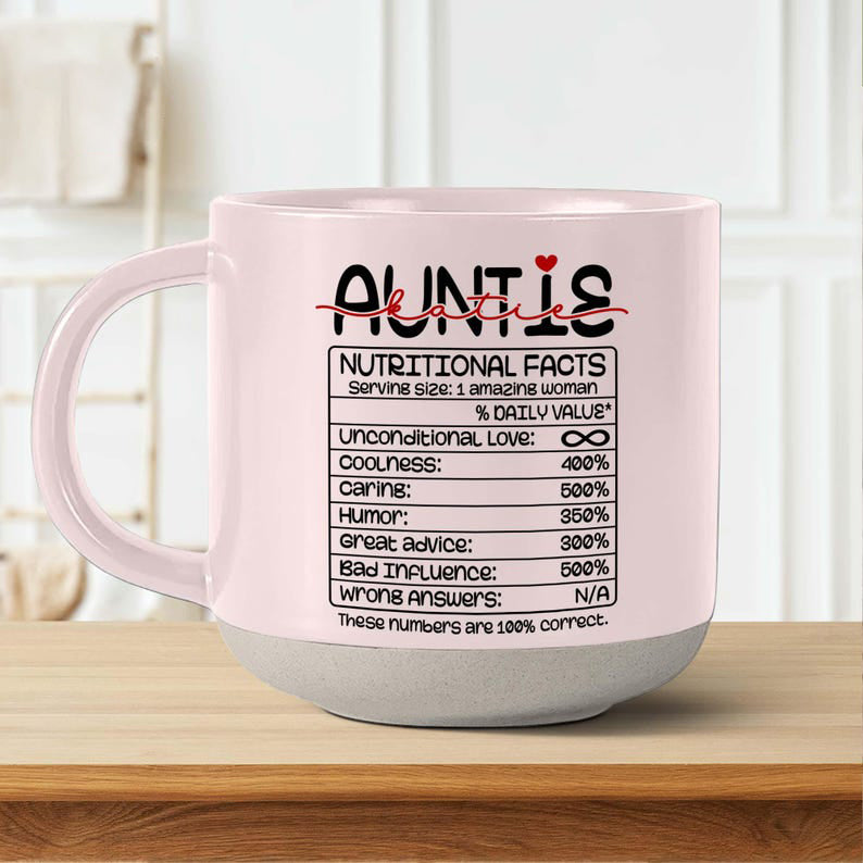Personalized Auntie Nutrition Facts Printed Pottery Mug, Aunt Mug, Gifts for Auntie, New Aunt Gifts, Pregnancy Announcement Cup, Baby Reveal