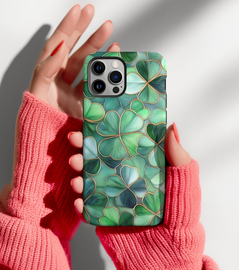Stained Glass Shamrock, Shamrock phone case, Irish cover, iPhone 16 pro max, Irish Gift, Irish Ornament, Shamrock Gift