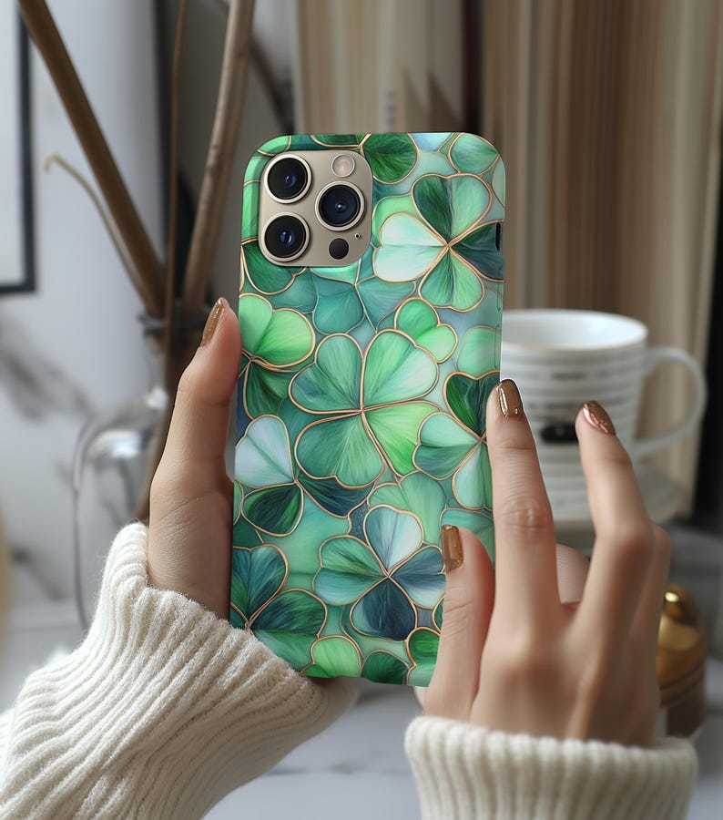 Stained Glass Shamrock, Shamrock phone case, Irish cover, iPhone 16 pro max, Irish Gift, Irish Ornament, Shamrock Gift
