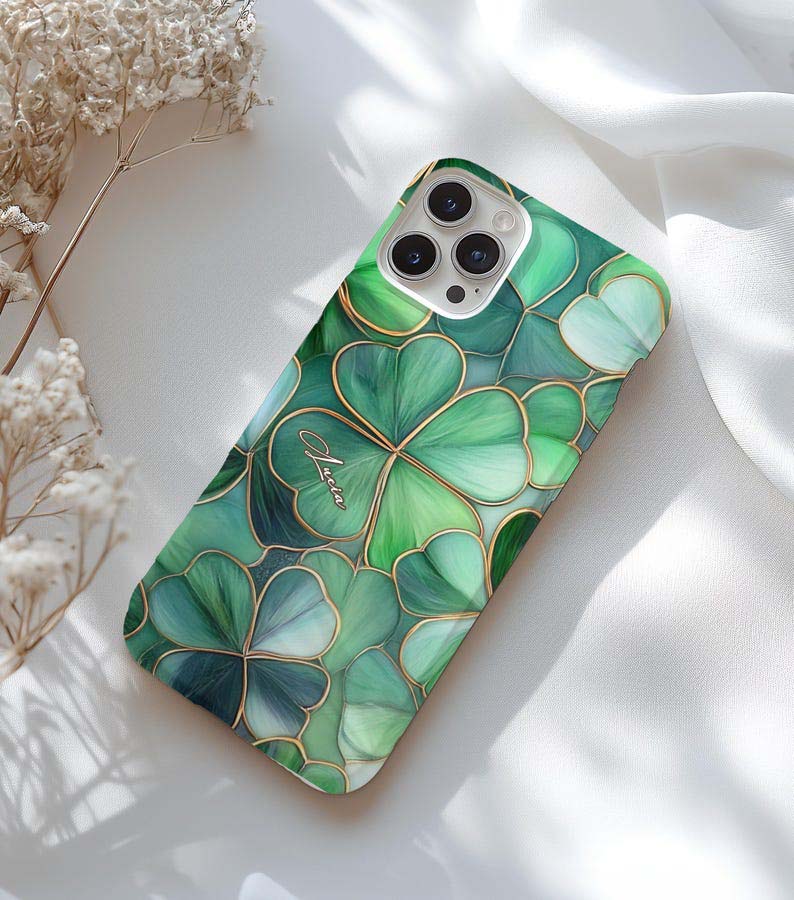 Stained Glass Shamrock, Shamrock phone case, Irish cover, iPhone 16 pro max, Irish Gift, Irish Ornament, Shamrock Gift