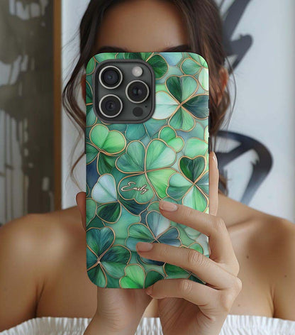 Stained Glass Shamrock, Shamrock phone case, Irish cover, iPhone 16 pro max, Irish Gift, Irish Ornament, Shamrock Gift