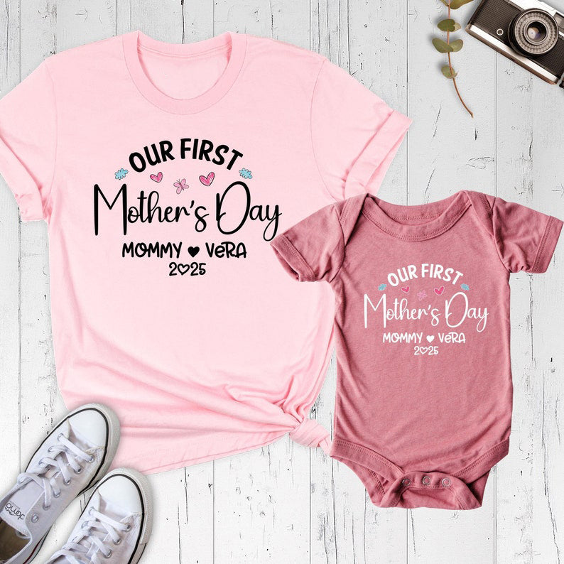 Our First Mothers Day Shirt, Mommy and Baby Matching Shirt, Custom Baby Name Mom And Mini Outfit, Family 1st Mothers Day Matching Mama Shirt