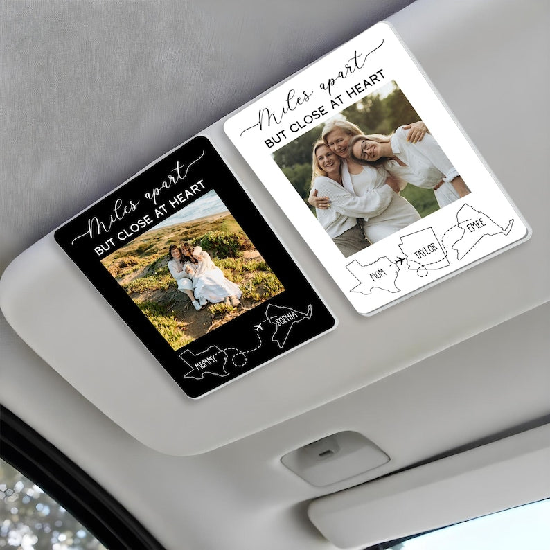 Miles Apart But Close At Heart Car Visor Clip, State To State Gift Car Accessories, Personalize Mom Long Distance Sun Clip, Family Car Visor