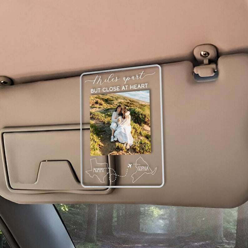 Miles Apart But Close At Heart Car Visor Clip, State To State Gift Car Accessories, Personalize Mom Long Distance Sun Clip, Family Car Visor