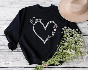 Custom Mom Sweatshirt with Kids' Names, Mama Heart Sweatshirt, Personalized Shirt, Gift for Mom, Women's Crewneck, Mother's Day Gift