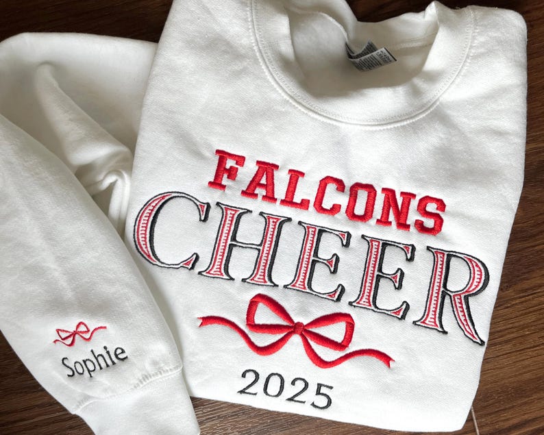 Embroidered Cheer Sweatshirt Coquette Personalized Bow Cheer Sweater Custom Colors Shirt Gift for Cheer Senior Cheer Name Crewneck Hoodie il_794xN.6647753598_mjh0.jpg