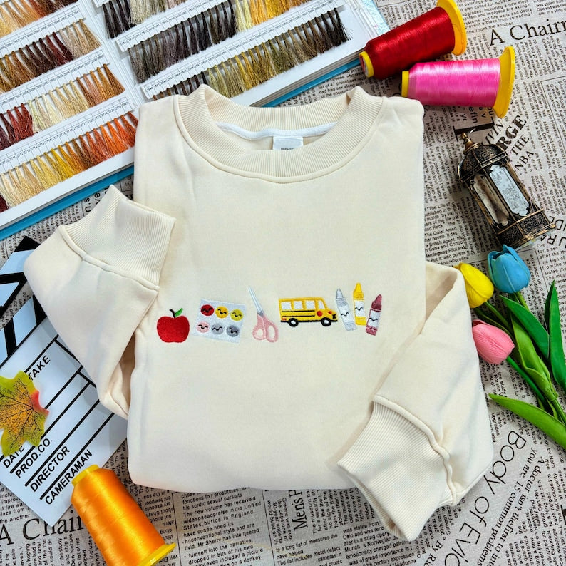 Embroidered Teacher Life Crewneck Sweatshirt with Cute Teacher Icons, Embroidered Teacher Sweatshirt, Teacher Appreciation, Teacher Gift