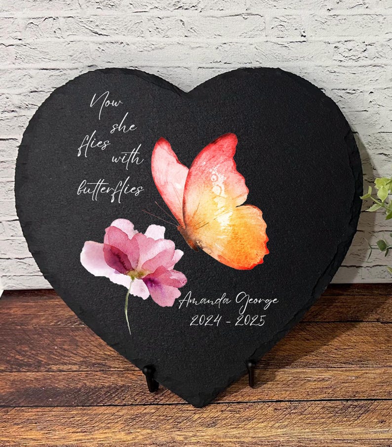 Now She Flies With Butterflies Memorial Garden Stone, Sympathy Gift, Slate Grave Marker, Remembrance, Bereavement Gift, Loss of a Loved One
