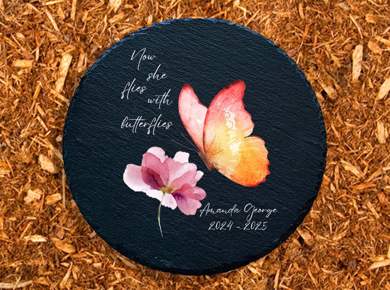 Now She Flies With Butterflies Memorial Garden Stone, Sympathy Gift, Slate Grave Marker, Remembrance, Bereavement Gift, Loss of a Loved One