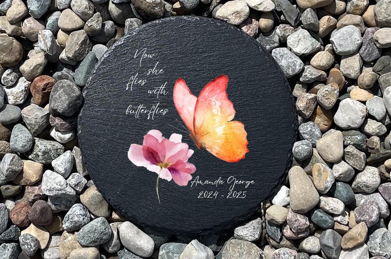 Now She Flies With Butterflies Memorial Garden Stone, Sympathy Gift, Slate Grave Marker, Remembrance, Bereavement Gift, Loss of a Loved One