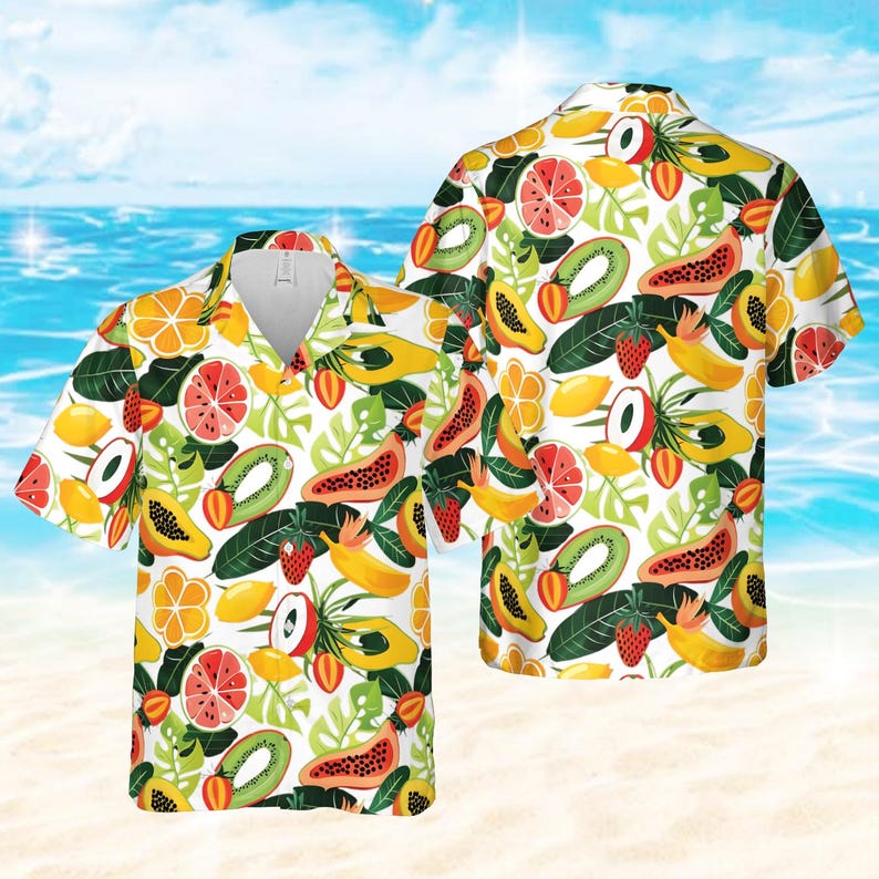 Tropical Fruits Hawaiian Shirt, Hello Summer Button Up Shirt, Aloha Summer Gift, Funny Summer Vacation Shirt